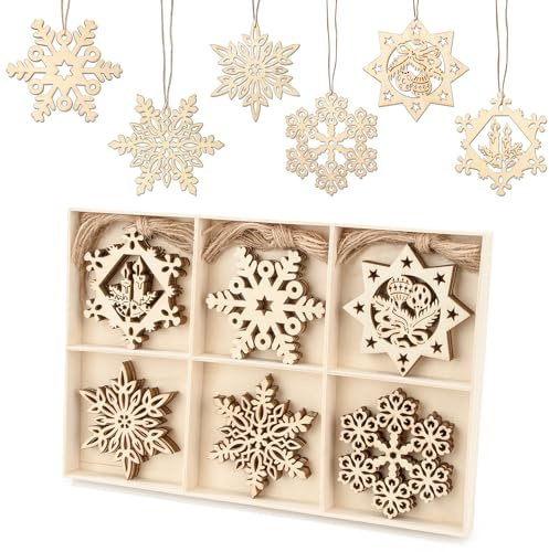 Natale Fiocchi di Neve in Legno, Ornamenti Natalizi da Appendere, Retro Decorazioni Pendenti Legno Natalizi Appeso Addobbi, per Albero di Natale Fai da Te, Feste Festival - 30 pezzi, colore legno