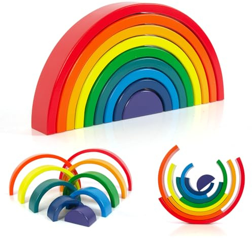 WOODENFUN Grand empileur arc-en-ciel en bois pour tout-petits, lot de 9 pièces en bois de couleurs vives - Jouet de construction en bois pour bébé - Empileur de blocs de construction en bois pour