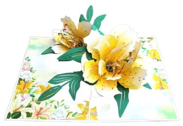 Carte d'anniversaire pop-up 3D avec bouquet de lys - 15 x 20 cm - Fabriquée à la main - Fleurs jaunes