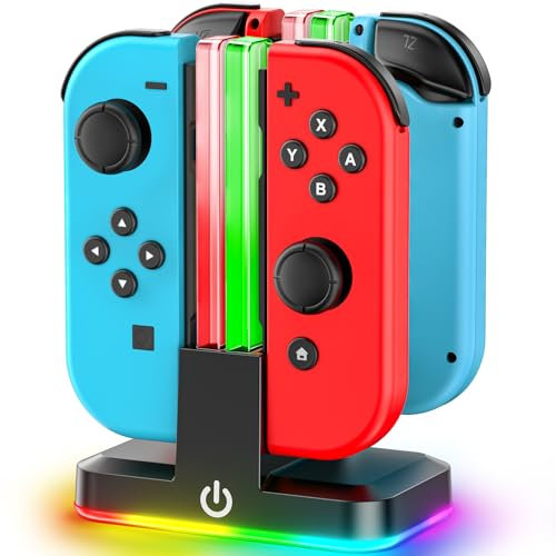 Stazione di ricarica per Nintendo Switch, Caricatore di Joycon per Switch/OLED, Caricatore per 4 Controller di Nintendo Switch, Base Ricarica per Joycon Switch con Luce RGB e Controller di Ricarica