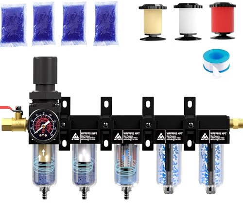 ATINY 1/4'' NPT 5 Stage Compressed Air Dryer,Air Dryer for Compressor 5 &0.5 &0.01 Micron Filter Cartridge,Double Desiccant Dryers & Air Regulator,Metal Bowl, Semi-Auto Drain,Industrial Grade-Black