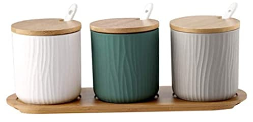 3 pezzi Contenitori di spezie in ceramica Imposti con coperchi e cucchiai, scatola da barattolo per il tè al caffè salato di zucchero, organizzatore di deposito per condimento da banco da cucina