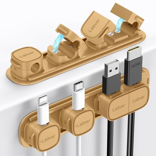Cable Clips Holders - Laitver 6 Pack [Magnetic Buckle 1s Open/Lock] Cable Tidy Cord Organiser Management, No-Residue Strong Adhesive Desk Wire Charging Cords Keeper for Home, Office- Milk Coffee