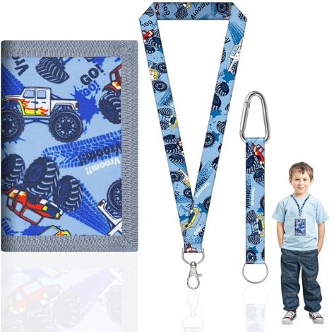 Boys Wallet,Kids Wallets for Boys,Blue Car Cartoon Kids Wallet with Card Slots and Zippered Pocket,Lanyard Attached for Boy Girl