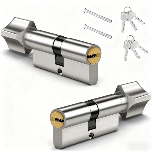 txuzong Cerradura cilíndrica 30/30 (70 mm), juego de 2 unidades, cilindro con pomo giratorio para cerradura de embutir, incluye 6 llaves y tornillos para puerta de casa, garaje, color plateado