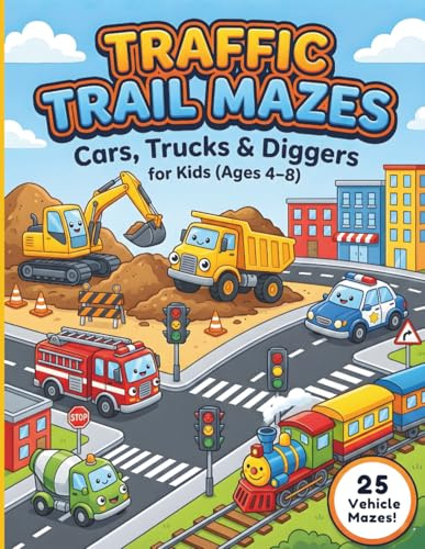 Traffic Trail Mazes: 25 Fun Vehicle & Construction Mazes Featuring Cars, Trucks, Trains, Diggers, Road Signs & More, for Kids (Ages 4–8)