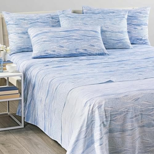 Caleffi Completo Letto Matrimoniale 100% Cotone Morbido - Lenzuolo Sotto con Angoli 180x200x25 cm, Lenzuolo Sopra 240x280 cm, 2 Federe 50x80 cm (Wave Blue)