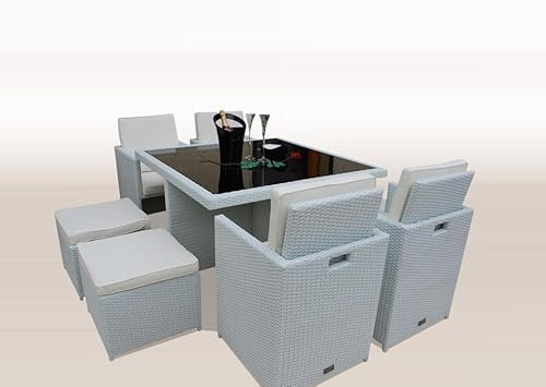 Ragnarök-Möbeldesign PolyRattan - DEUTSCHE Marke - EIGNENE Produktion - 8 Jahre GARANTIE auf UV-Beständigkeit Gartenmöbel Essgruppe Tisch 4 Stühle Hocker 12 Polster Weiß