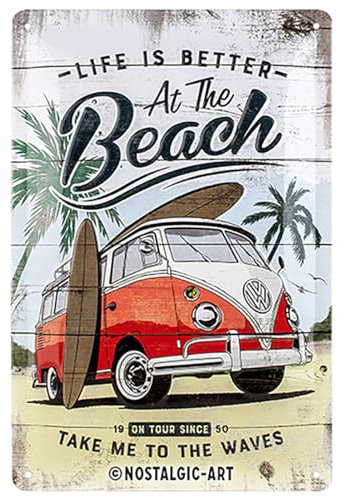 Nostalgic-Art Cartel de Chapa Retro VW – Bulli T1 – Beach – Idea de Regalo de Furgoneta Volkswagen, metálico, Diseño Vintage Decorativo, 20 x 30 cm