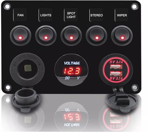 CT-CARID 12 V/24 V vippströmbrytarpanel, dubbel USB-laddningsport 4,2 A, tändaruttag, digital voltmeter-skärm, IP65-vattentät, vippströmbrytare för båt, bil, husbil, fordon, röd | 5 digital voltmeter och cigarettändaruttag för bil, husbil, lastbil, båt, yacht (röd)