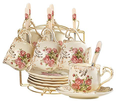 YOLIFE Tea Cups and Saucers Set of 6, 200 ML Vintage Pink Rose Ivory Porcelain Tea Cups Set with Gold Stand