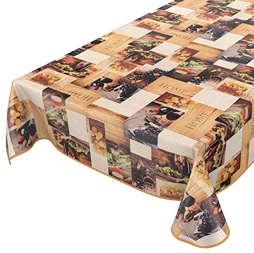 ANRO vaxad bordsduk, tvättbar, vaxduk, vin, vindruvor, hem, trä, 220 x 140 cm, med fåll