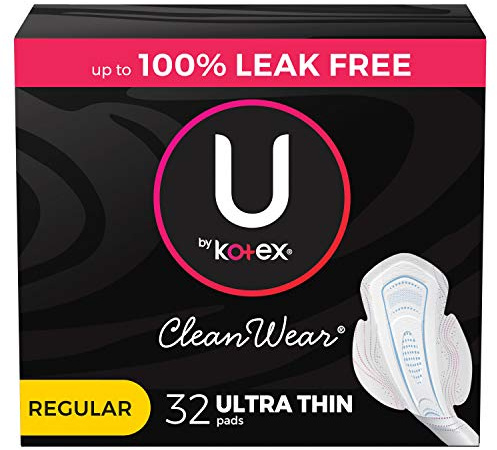 U by Kotex CleanWear Ultra Thin Feminine Pads with Wings, Regular Absorbency, 32 Count