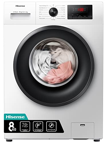Hisense WFPV8012EM - Lavatrice a Carica Frontale 8 Kg, 1200 rpm, 15 Programmi, Vapore, Display LED, Programma Rapido, Partenza Ritardata, Child Lock, Bianco/Nero