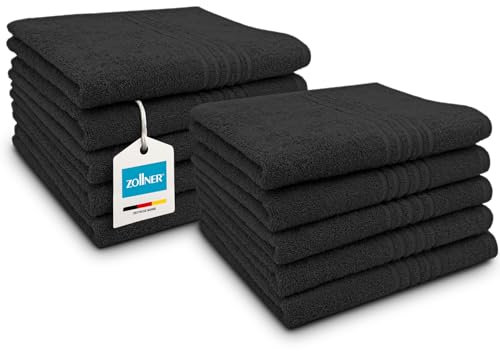 ZOLLNER 10er Set Handtücher in 50x100 cm - saugstarke Badetücher in schwarz - mit praktischem Aufhänger - mit eleganten Tiefgangstreifen - waschbar bis 60°C - Baumwolle - Hotelqualität
