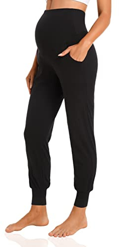 V VOCNI Women's Maternity Pants Maternity Activewear Jogger Track Cuff Sweatpants Over The Belly Stretchy Pregnancy Pants Black Medium