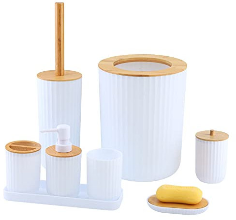 PITRAK 7-teiliges Badezimmer-Accessoires-Set, Lotionflaschen, Zahnbürstenhalter, Zahnbecher, Seifenschale, Toilettenbürste, Mülleimer, Wattestäbchen-Becher-Set (Bambus, Weiß)