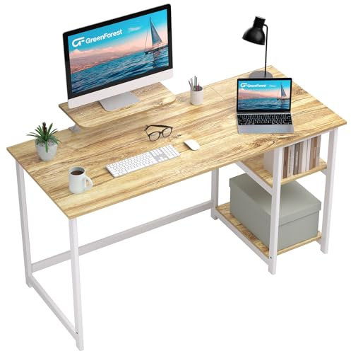 GreenForest Schreibtisch 140cm Mit Stauraum und Monitorständer - Bürotisch für Home Office, Beige