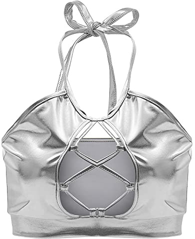 YUDATPG Débardeur court sans manches métallique brillant pour femme, Argenté., M