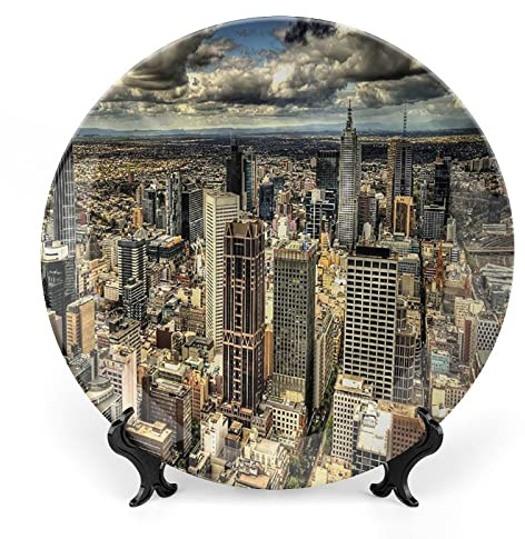 XISUNYA 8 Inch Decorative Plate, Urban Ceramic Plate, Melbourne Cityscape Modern Australia Architecture Buildings Print Ceramic Display Plate for Ornaments Giving Plates, 1 Plate with 1 Display Stand