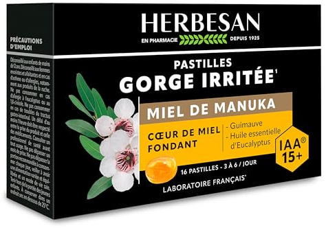 HERBESAN® - PASTILLES COEUR FONDANT AU MIEL DE MANUKA IAA15+(MGO514+) - Apaise la Gorge - Boite de 16 pastilles