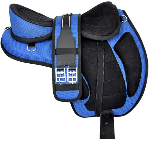 Sazaar Tack Sella per Cavallo Inglese Freemax Senza Albero Sintetica con Circonferenza Abbinata e staffe in Alluminio Set Coppia (Sedile da 17 Pollici, Blu)