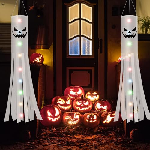 Jsdoin 180CM Halloween Ghost Windsocks Flag with 2M LED Colorful Lights 2 PCS, Hanging Halloween Ghost Decoration Outdoor, Flag Wind Socks Décor for Yard Garden Door Lawn Dead Tree Party Supplies