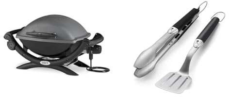 Weber Q1400 Dark Gray Elektrogrill 2200 Watt & 6645 Grillbesteck Kompakt 2-teilig, Zange und Wender, Edelstahl, schwarz