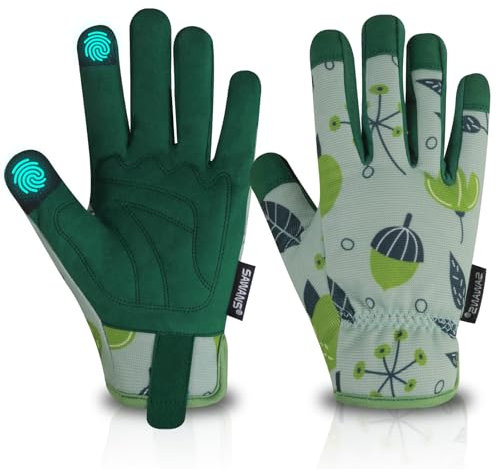 Gartenhandschuhe für Damen, Herren und Frauen, Touchscreen-Fingerhandschuhe zum Rosenbeschneiden, atmungsaktiv, bequem, Mikrofaser-Leder, Gartengeschenke für Hof und Camping (Grün, M (1 Stück))