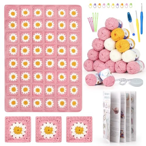 Reessy Crochet Kits for Beginners Adults, Crochet Blanket Kit, Daisy Granny Square Blanket Start Kit with Step-by-Step Instruction, Complete Beginners Crochet Kit for Adults to Learn Crochet