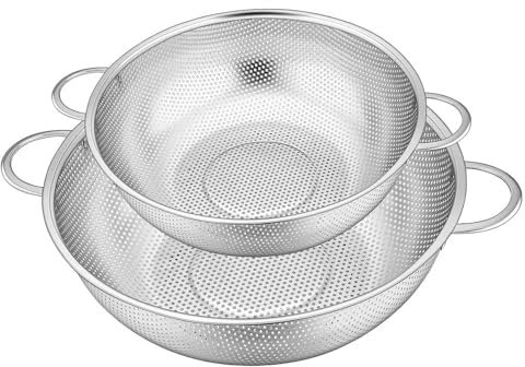 Küchensieb mit Griff, 22 cm Durchmesser, 19 cm Nudelsieb aus Edelstahl zum Abtropfen von Nudeln, Gemüse und Obst, Reis, spülmaschinenfest, 2er-Set
