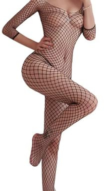QATZSAE Women's Sexy Mesh One-piece Stockings, fishnet bodysuit for women, Fishnet Long Sleeve Onesie Onesie, Romantic Dating Lingerie Pajamas (Black)