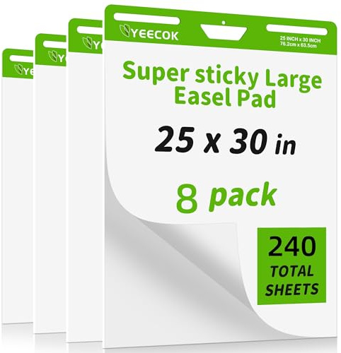 YEECOK Sticky Easel Pad 25 in x 30 in, 30 Sheets/Pad, 8 Pads/Pack, Sticky Flip Chart Paper for Teachers, Super Sticking Power & Bleed-Resistant