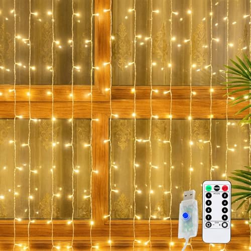 OIHCAZ Curtain Fairy Lights 3m×3m 300LEDs, Indoor Outdoor Curtain Lights with 8 Modes and Adjustable Brightness, USB Hanging Fairy Lights for Christmas Party Home Garden Decor(Warm White)