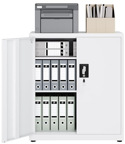 LAND·VOI Armadio in Acciaio 3 Ripiani con Serratura Ripiani Regolabili Ante a Doppia Porta Armadio per Ufficio Mobile in Metallo per Ufficio Garage Cucina Officina 80×40×91.5 cm Bianco