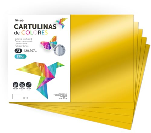 Carton Métallisé Couleur A3, 230 g/m², Feuilles Cartonnées Grandes, Carton de Couleur pour Loisirs Créatifs, Projets Artistiques et Décorations, Effet Brillant · m-office (10 feuilles, or)