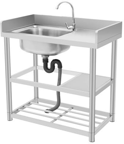 JAYEUW Freistehend Küchenspüle Edelstahl Spülbecken mit Unterschrank 360° Drehbar Wasserhahn&Ablage bis 150kg 90*50*80cm Mobiler Spültisch für Outdoorküche, Gastro und Camping (Linkes Waschbecken)