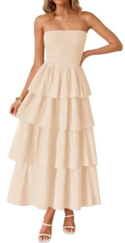 ZESICA Women‘s Summer Boho Strapless Maxi Dress 2026 Casual Sleeveless Off Shoulder Smocked Tiered Beach Long Sundress,Apricot,Small