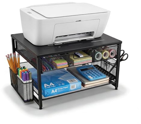 Eirolace Support moniteur, organisateur de bureau en métal avec tiroir et 2 porte-stylos, support de moniteur ergonomique pour imprimante, ordinateur portable et bureau, support de rangement à 2