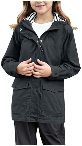 Girls Waterproof Jacket Hooded Plain Striped Lining Rain Coat with Zipper Pockets Lightweight Casual Windbreaker for School Coat, Walking Raincoat, Childrens Rain Jacket