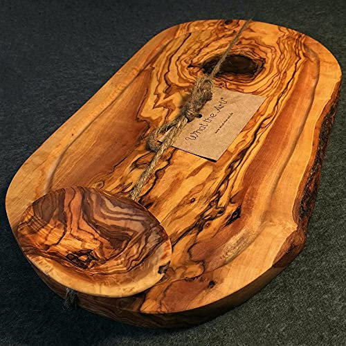 What the Art!® Olive Wood «Rustic» Gr. XL | Olivenholz Schneidebrett + Dip-Schälchen | Handarbeit | ca. 40-42 x 17-23 x 2 cm | Käsebrett - Hackbrett - Tranchierbrett - Servierbrett