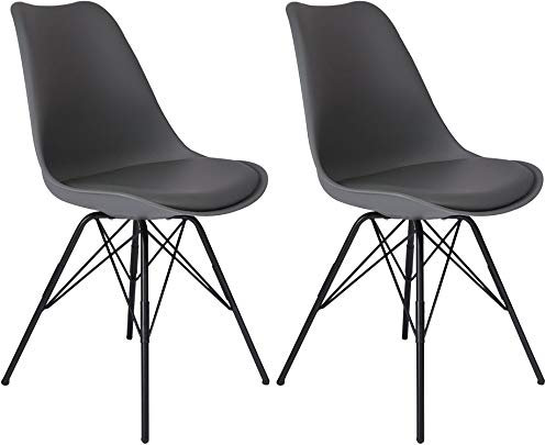 SAM 2er Set Schalenstuhl Lerche, Kunststoffschale in Grau, integriertes Kunstleder-Sitzkissen, Schwarze Metallfüße, Esszimmerstuhl im skandinavischen Stil