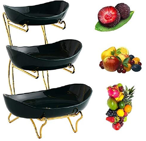 JUNYFFF Fruit Basket, Creative Countertop Ceramic Fruit Etagere, 3-Layer Fruit Bowl (Metal Shelf * 1, Ceramic Bowl * 3), Table Decoration Fruit Basket, Used for Fruit, Bread, Snacks,A