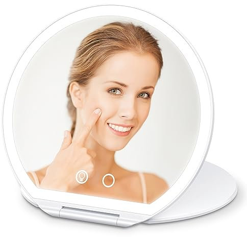WEILY Makeup Mirror with Lights, Travel Mirror with 3 Color Lighting and Dimmable Touch Screen, USB Rechargeable and 300° Rotating Lighted Makeup, Gifts for Women