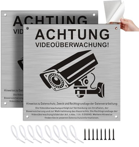 DAOUZL 2 Stück Videoüberwachung Schilder mit DSGVO Hinweis – Achtung Kameraüberwachung für Privatgrundstück, 15x15cm Sicherheitshinweis (Wetterfest, Selbstklebend)