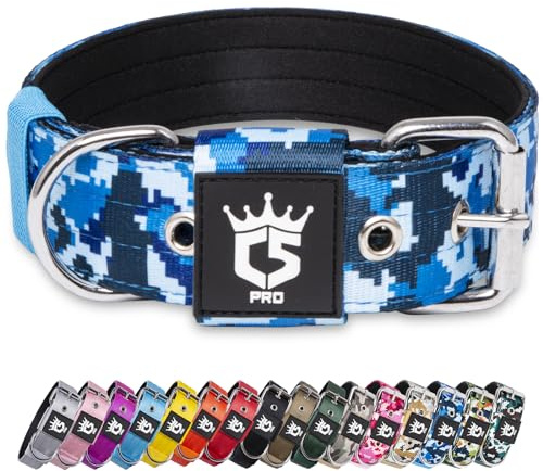 TSPRO Collier Tactique pour Chien avec Boucle en Métal, Collier Réglable pour Chien, Largeur 3,8 cm, Résistant et Confortable pour Les Chiens de Taille Moyenne à Grande (Camo Bleu M)