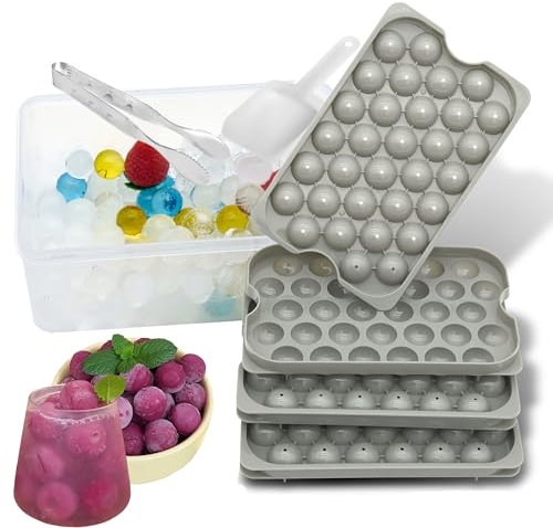 Mini Round Ice Cube Moulds with Lid and Storage, Plastic Ice Ball Maker, Ice Trays for Freezer, 32PCS 2cm Small Ice Balls for Cocktail Whiskey Tea or Food Freezer (3Ice Trays & Ice Bin & Scoop)
