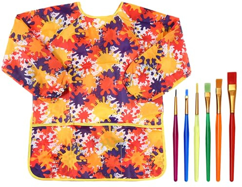 Tablier de Peinture Enfant - 6 Pinceaux Inclus, Imperméable, Manches Longues - Pour Peinture et Cuisine