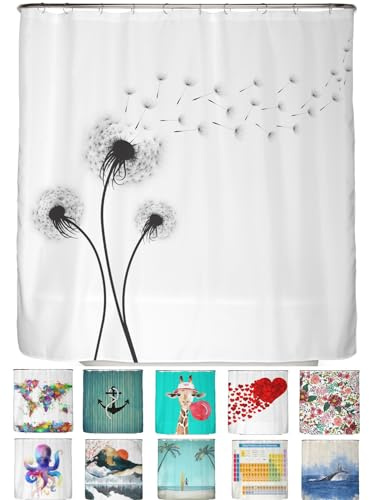 arteneur® - Pusteblume Schwarz und Weiß - Anti-Schimmel Duschvorhang 180x180 - Recycelt mit Öko-Tex Standard 100 - Beschwerter Saum, Blickdicht, Wasserdicht, Waschbar, 12 Ringe