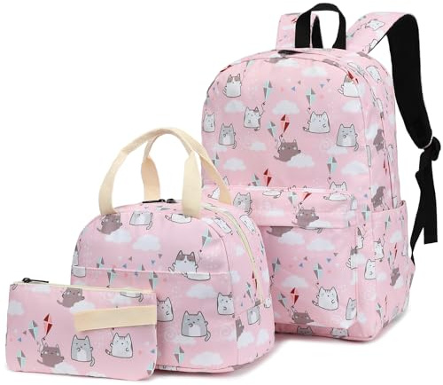 Kouxunt flickor skolryggsäckar för barn tonåringar, 3-i-1 skolväska bokväskor set med lunchväska pennfodral, Katt rosa, L